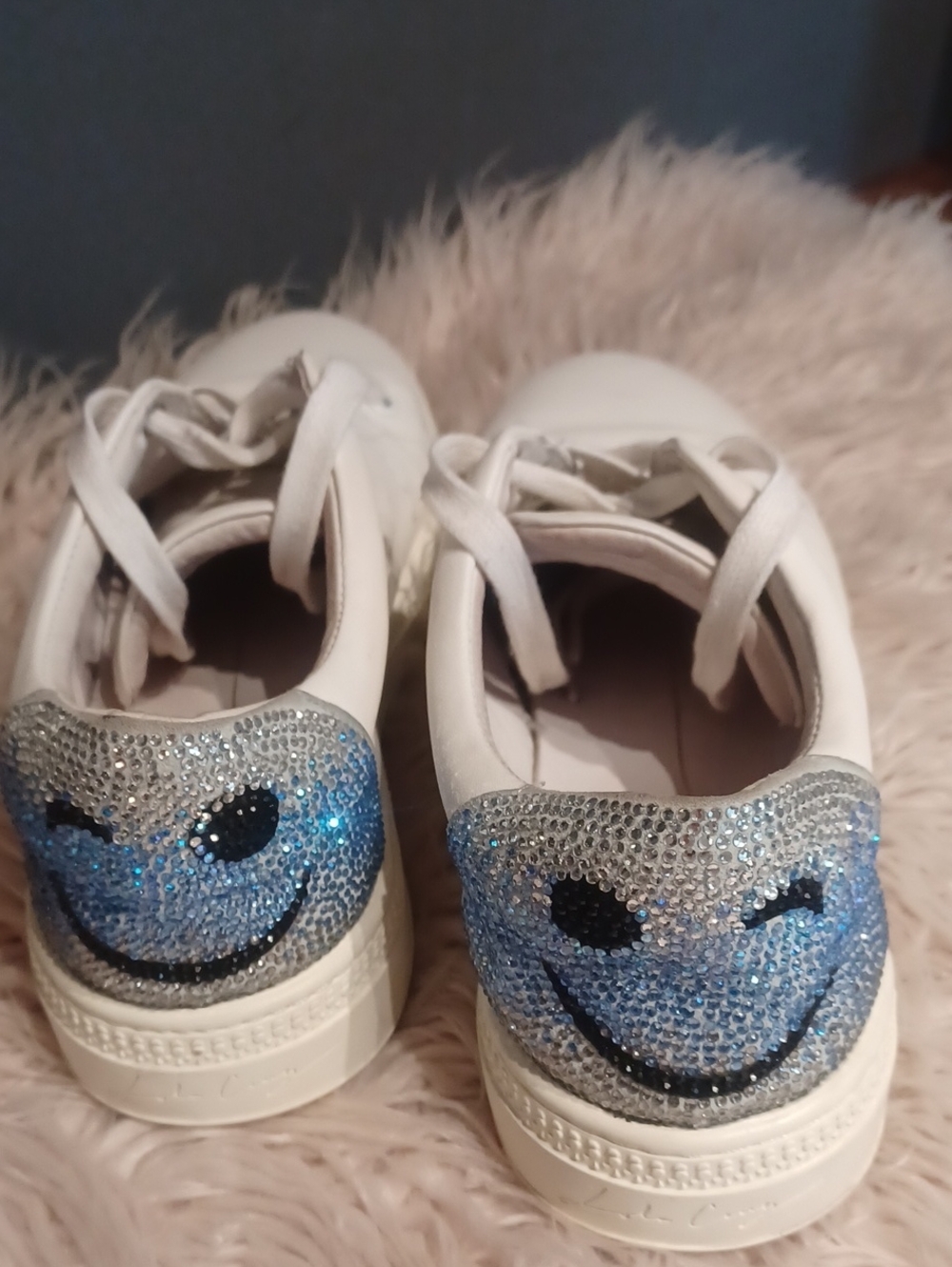 Lola Cruz White Leather Sneakers With Rhinestones